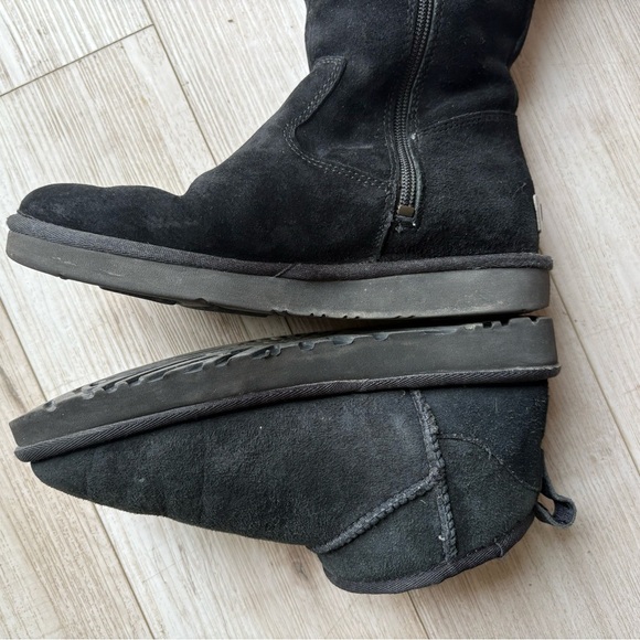 UGG Tall Alber Black Side Zipper Suede Womens 7 Winter Boot Mid Calf Fur Lined - Picture 9 of 10